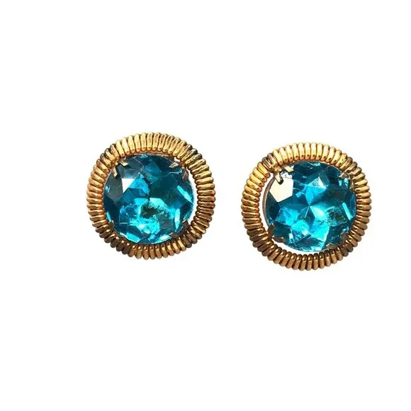 Glamorous Vintage Earrings, Foil Backed Bright Blue Crystal in Copper Frames